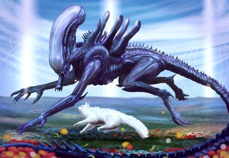 Alien Plays with CAT - cg, fantasy, alien, cat