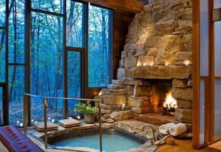 Fireplace in jacuzziroom - architecture, fireplace, house, jacuzzi