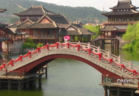 bridge in a chinese park - girl, lake, buildings, park, bridge