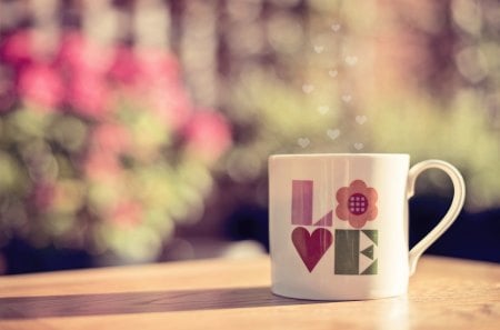 Coffee with lots of love - bokeh, heart, coffee, table, sunshine, love, Gingerbread-heart, flowers, word, cup