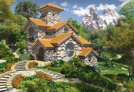 fairytale house - flowers, mountain, trees, rocks