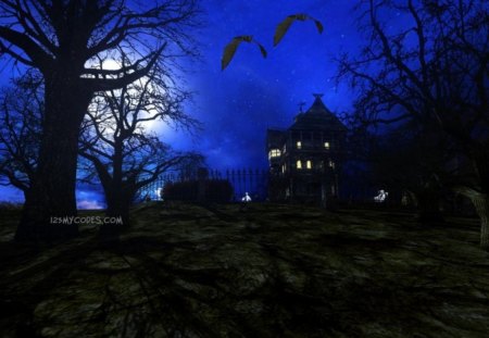 haunted house - moon, house, trees, birds