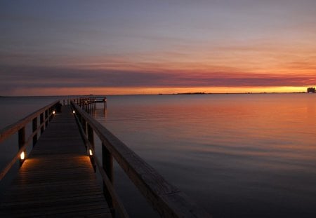 peaceful pier on a bay at sundown - pier, sundown, bay, lights