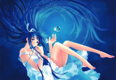 My Crystal World - my crystal world, cool, sweet, hot, anime girl, dress, long hair, carnelian, bubble, sexy, smile, female, blue eyes, crystal, white dress, blue hair