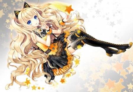 Seeu - short dress, cute, neko, hot, anime girl, blonde hair, high heel boots, boots, high heels, nekomimi, cool, sweet, vocaloid, thighhighs, dress, kemonomimi, sexy, seeu, star, female, blue eyes