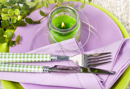 Candle - pretty, beautiful, photography, candle, table, beauty, lovely, light, plate, green candle, green, candles