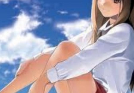 Anime Girl - Fresh Air - clouds, girl, sitting, sky, happy