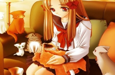 Anime Girl - Lots Of Cats - bows, towel, girl, cats