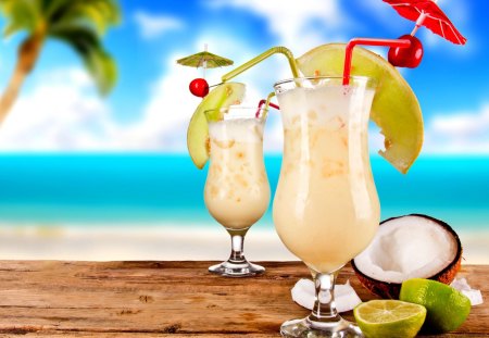 SUMMER QUENCH - sky, skewers, glasses, lime coconut, tree, cocktail rolls