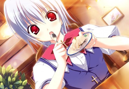 Kuu Mikeou - anime, eat, white, anime girl, kuu mikeou, red, food