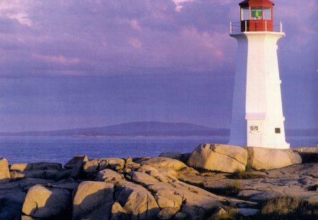 Lighthouse - water, lighthouse, cloud, mountian, rocks, sky