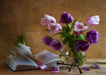 Still life - pages, pretty, vase, delicate, book, beautiful, lovely, still life, bouquet, harmony, flowers, glasses, purple, ribbon, violet, nice