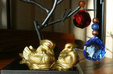 Energy of faithful Love♥ - mandarin ducks, blue, energy, crystals, fashion, feng shui, pair, entertainment, love, faithful, red, golden, couple