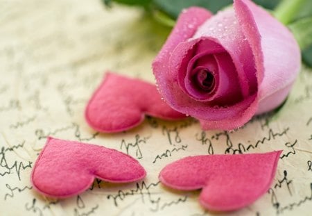 ~Pink rose and hearts on old handwriting~ - love, handwriting, fashion, rose, lovely, entertainment, three, hearts, precious, sweethearts, pink, romance, old