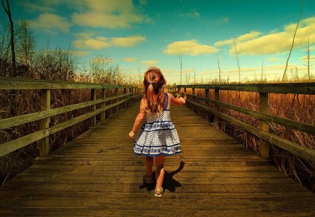 sweet little explorer - fence, wood bridge, girl, clouds