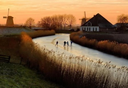 Ice Skating in the Country - ice, farm, field, inlet, skate, kids, rural, river, house, windmill, frozen