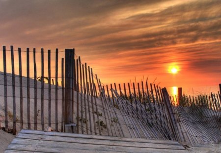 THE QUIET OF EVENING - fences, beaches, evening, sunrise, night, sand, sunset, sun, sky