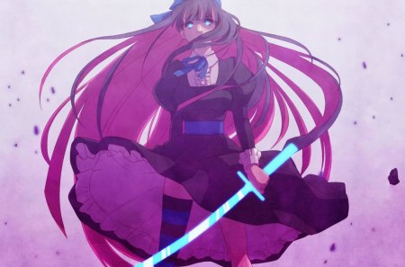 STOKING!! - long hair, petals, pink hair, blue eyes, weapon, dress, angel