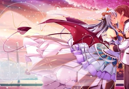 Demon Kiss - cg, game, sunset, wing, dress, kiss, couple, demon