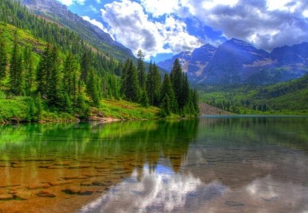 beautiful reflection - water, mountains, trees, clouds