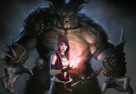 Morrigan and a Darkspawn Ogre - skull, scary, girl, sharp teeth