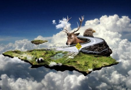 floating planet - elk, road, bird, clouds