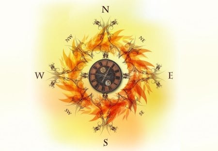 To Guide Your Way - directions, compass, timepiece, day, night, time, path, gold, abstract, yellow, gps, clock, leaves, orange