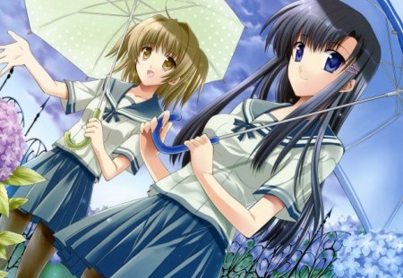 Rainy Weather - girls, school, long hair, plants, weather, bow, umbrella, uniform, rainy, ribbon, short hair, flower