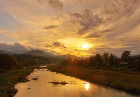 dream river - houses, clouds, river, sunset, mountains