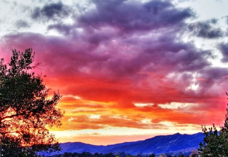 colorful sky and mountain range - sky, mountains, trees, colors