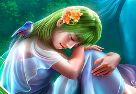 dreamer girl - girl, flowers, green hair, dreamer, bird