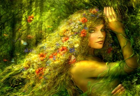 Flowers girl - beauty, girl, hair, nature, beautiful colors, colours, forest, fairy, flowers