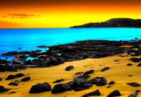 colored beach - sky, beach, colors, sea, rocks, coast