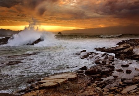 breaking waves on rocky seashore - shore, sunset, waves, sea, rocks