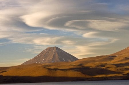 circular clouds over volcano - hills, lake, volcano, clouds