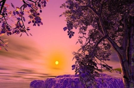 purple fantasy world - water, purple, trees, sun