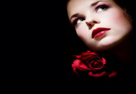 Lady of the red rose - lady, red, beautiful face, rose, amazing blue eyes