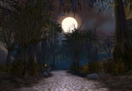 night walk - path, moon, abstract, trees