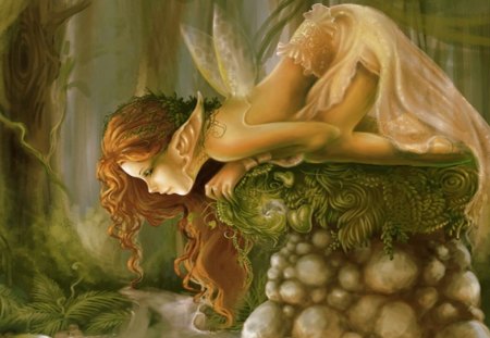 Fairy of the plants - trees, beautiful girl, plants, fairy, rocks