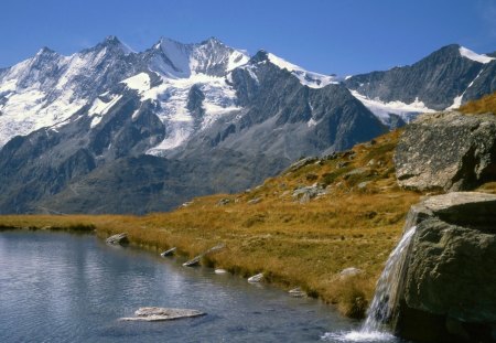 water from a rock - mountains, lake, falls, rocks