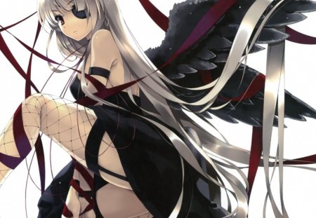 anime girl - black, white, red, wings, girl, angel, ribbons