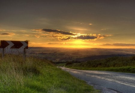 Route Towards Sunset - evening, sign, clouds, sunset, road, grass