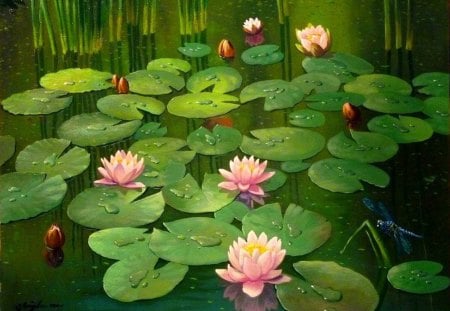 Mr. Litvinenko. Blooming pond - nature, painting, mr litvinenko, lotus, art, pond, flower