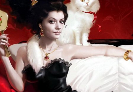 pretty lady and her cat - white, lady, black, cat