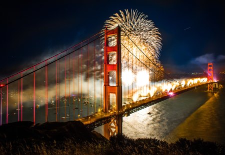 Celebration over the Golden Gate - pretty, gate, water, beautiful, night, ocean, celebration, golden, fireworks, bridge