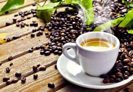 Coffee - pretty, coffee, beautiful, photography, beauty, lovely, leaves, wooden, beans, coffee beans, cup of coffee, coffee time, cup