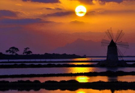 WINDMILL at SUNSET - sky, farm, walkway, sun, water, windmill, sunset, mill