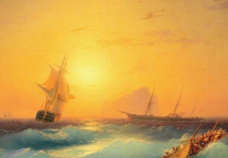 Ship painting - ocean, water, sun, ship