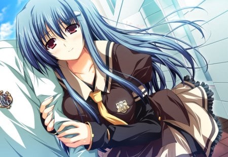 Moe Kanzaki - anime, anime school girl, white, anime girl, blue, brown, moe kanzaki, akatsuki no goei