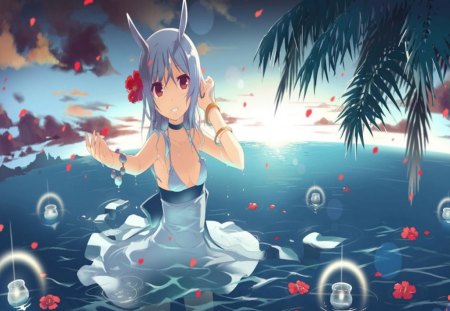 Anime Girl in Water..... :D - sexy, girl, water, red, blue, anime, sweet, cute, flower